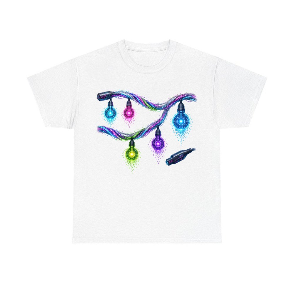Neon Circuit Fairy Lights personalised Christmas T-shirt in white