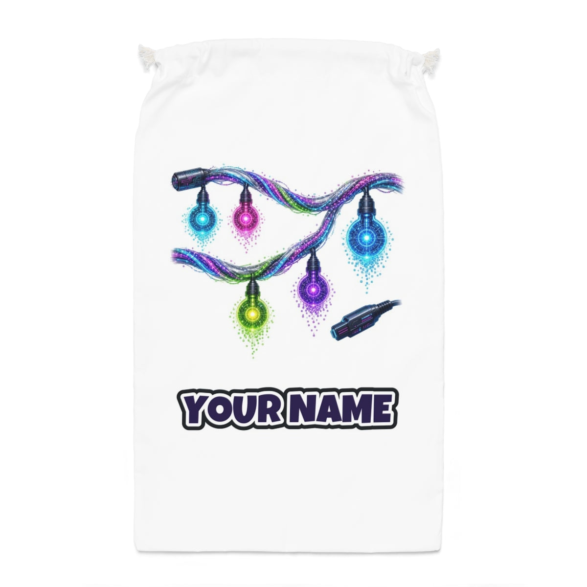 Neon Circuit Fairy Lights Santa sack laid flat, showing the full print