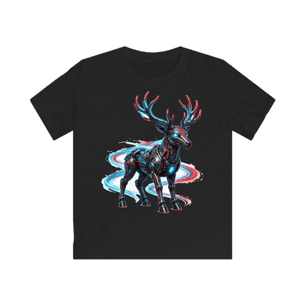 Neon Circuit Robot Reindeer personalised kids Christmas tee in black
