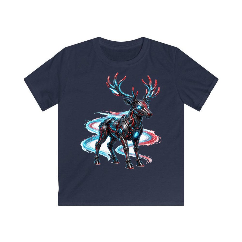 Neon Circuit Robot Reindeer personalised kids Christmas tee in navy