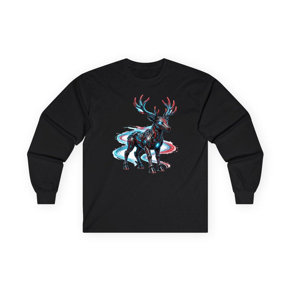 Neon Circuit Robot Reindeer personalised long sleeve Christmas T-shirt in black