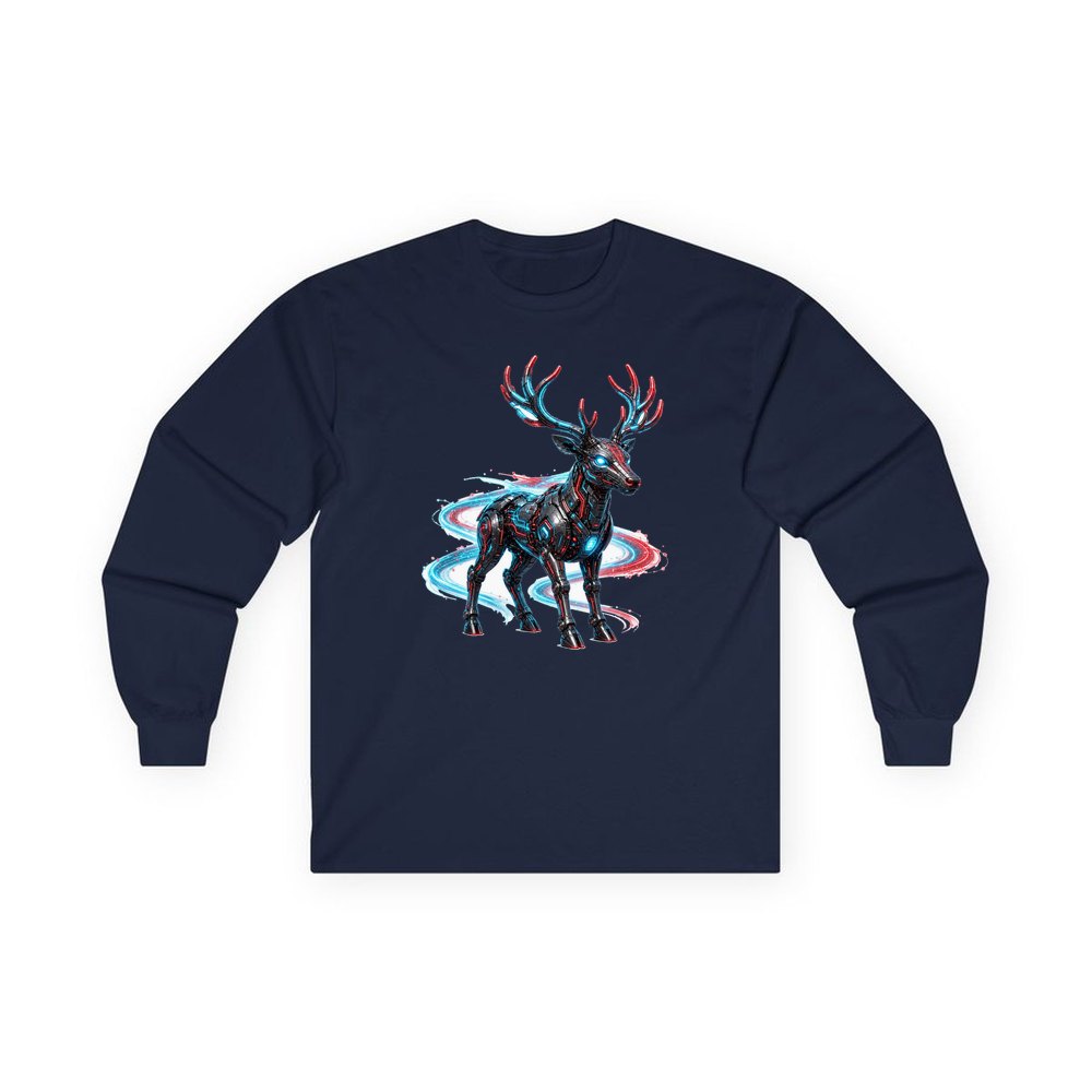 Neon Circuit Robot Reindeer personalised long sleeve Christmas T-shirt in navy