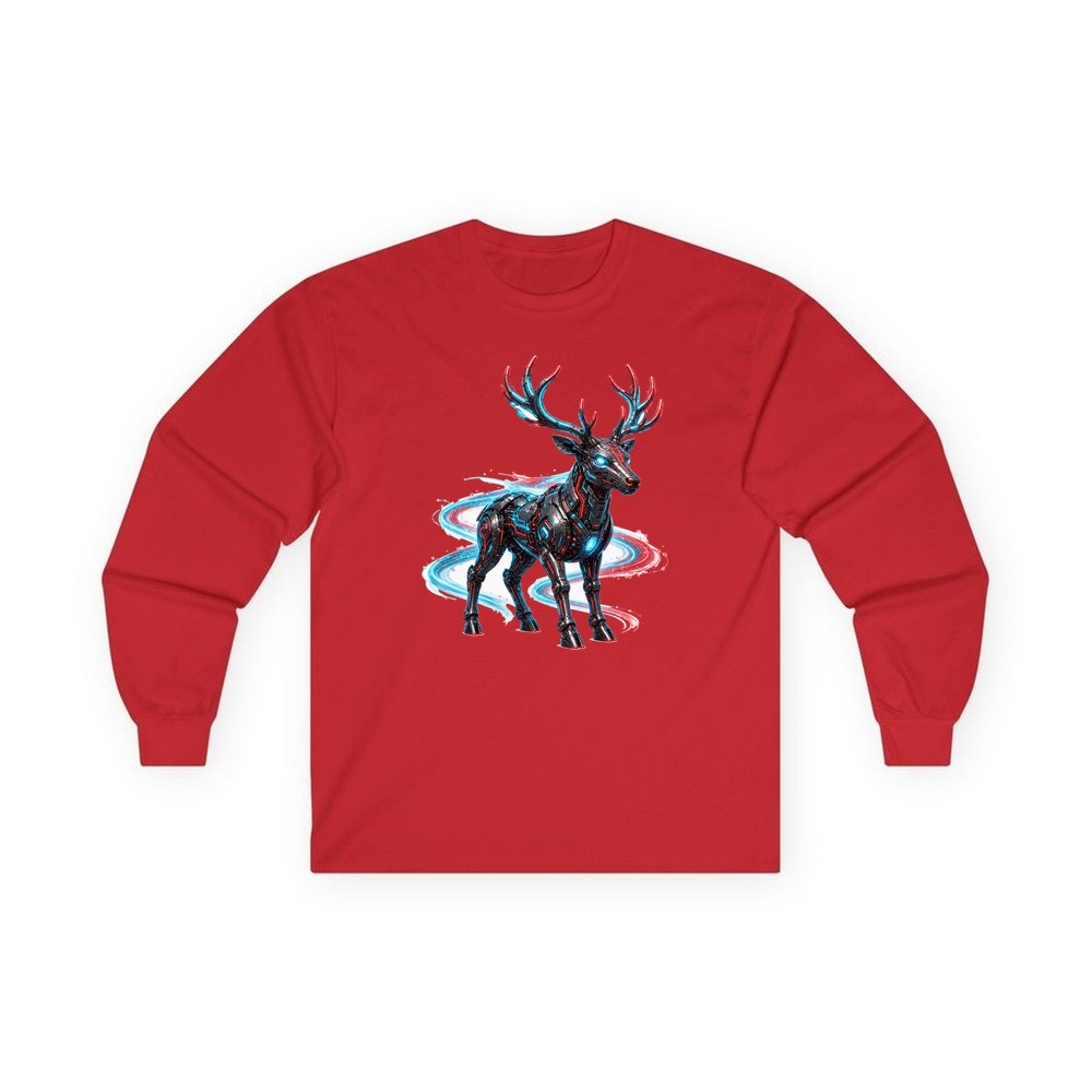 Neon Circuit Robot Reindeer personalised long sleeve Christmas T-shirt in red