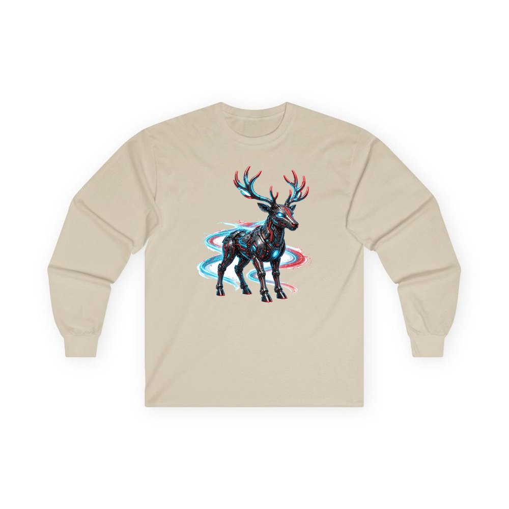 Neon Circuit Robot Reindeer personalised long sleeve Christmas T-shirt in sand