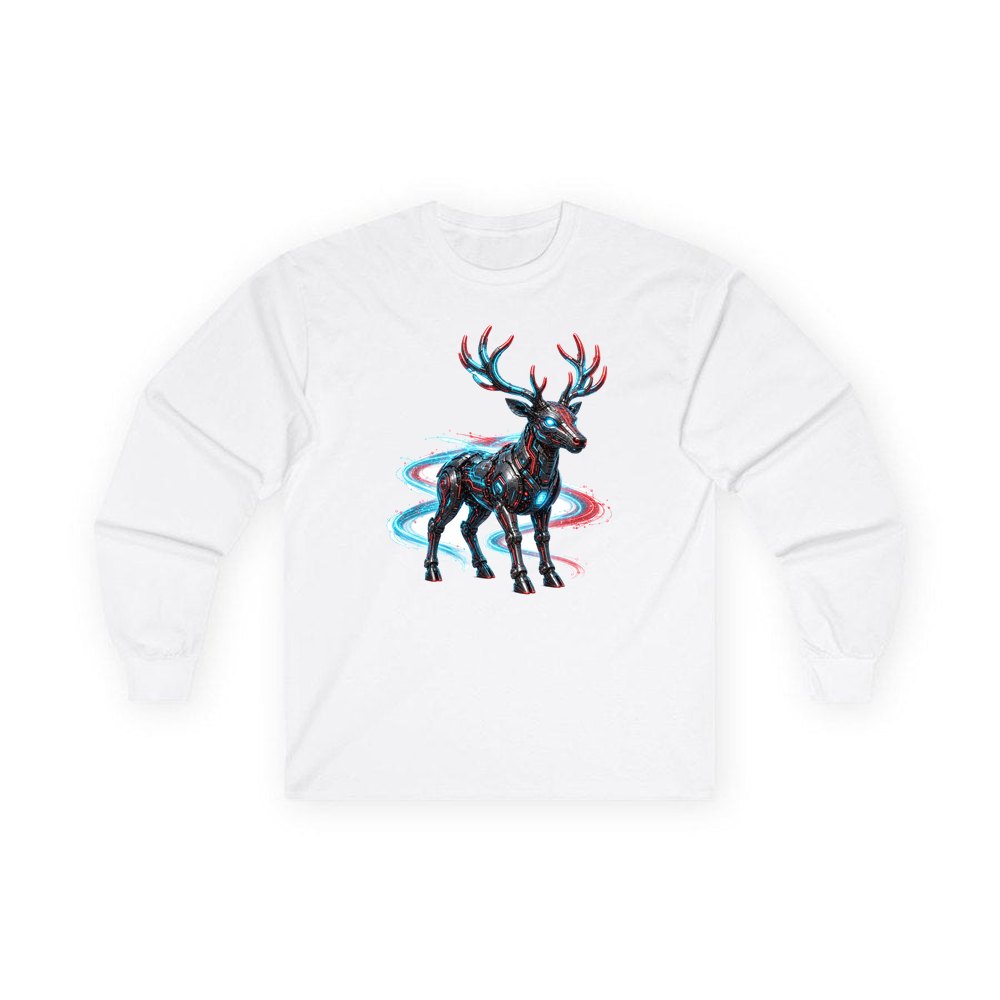 Neon Circuit Robot Reindeer personalised long sleeve Christmas T-shirt in white