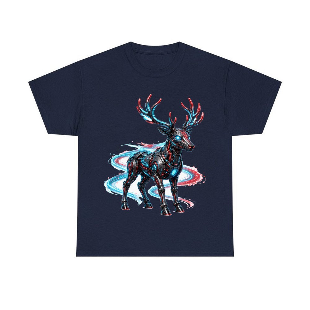 Neon Circuit Robot Reindeer personalised Christmas T-shirt in navy