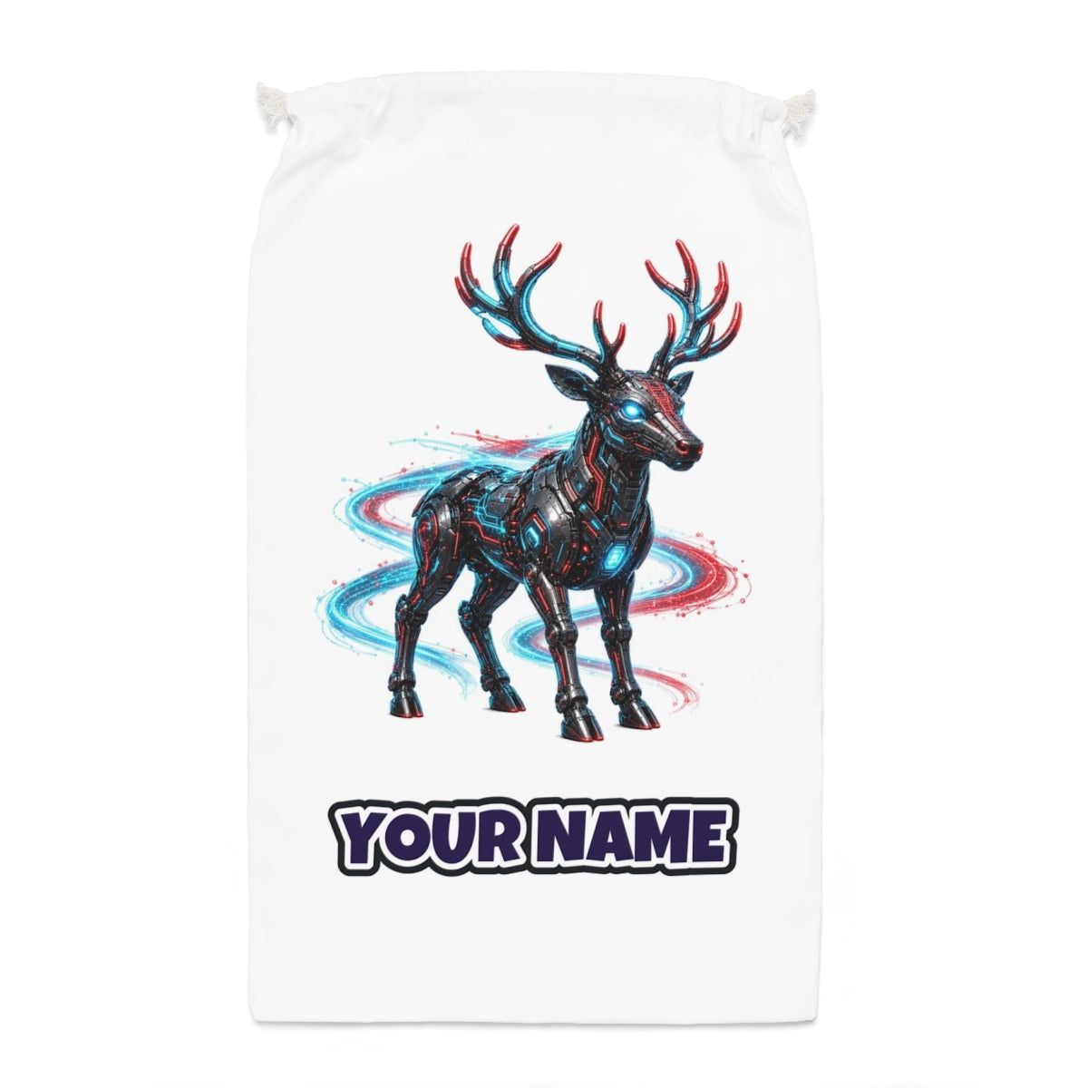 Neon Circuit Robot Reindeer Santa sack laid flat, showing the full print