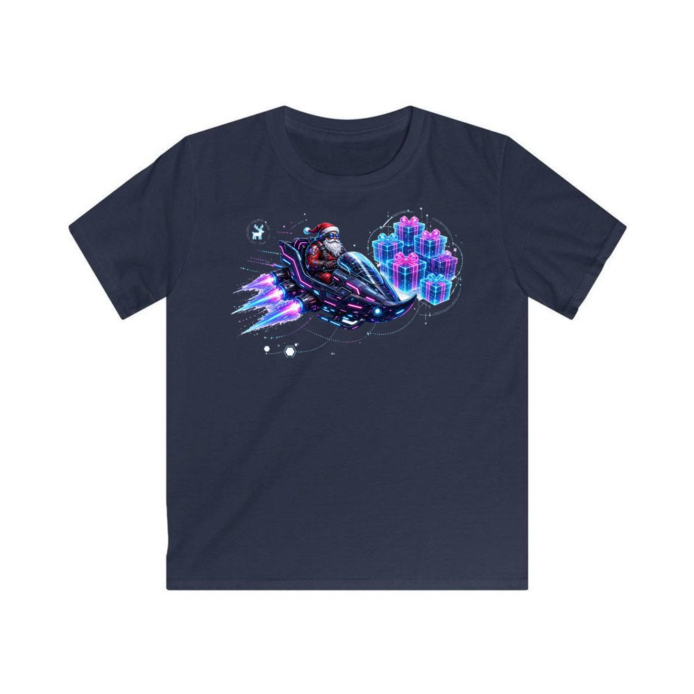 Neon Hover Sleigh Santa personalised kids Christmas tee in navy