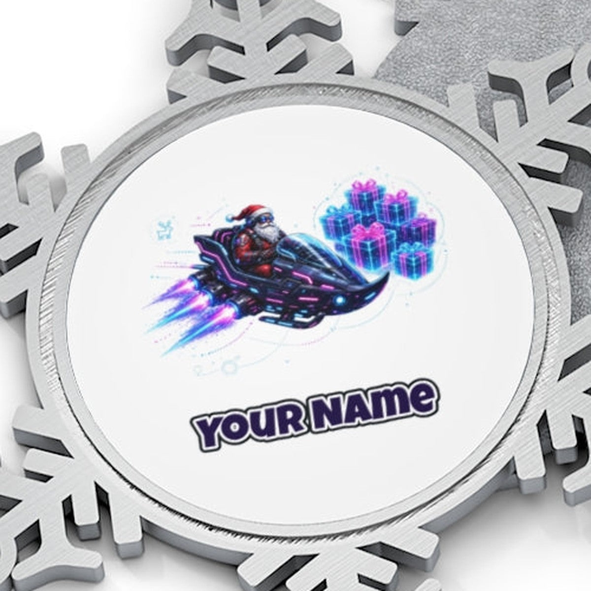 Neon Hover Sleigh Santa Personalised Pewter Christmas Ornament