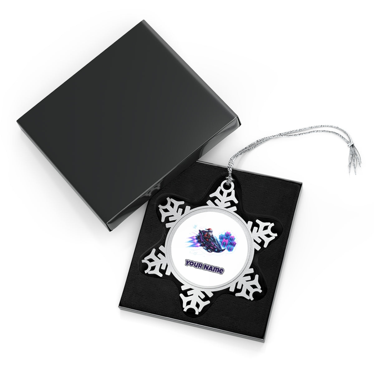 Neon Hover Sleigh Santa Personalised Pewter Christmas Ornament