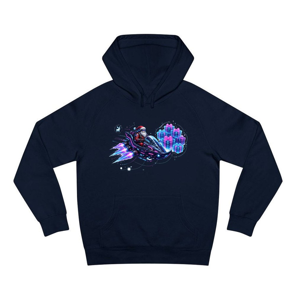 Neon Hover Sleigh Santa personalised Christmas hoodie in navy