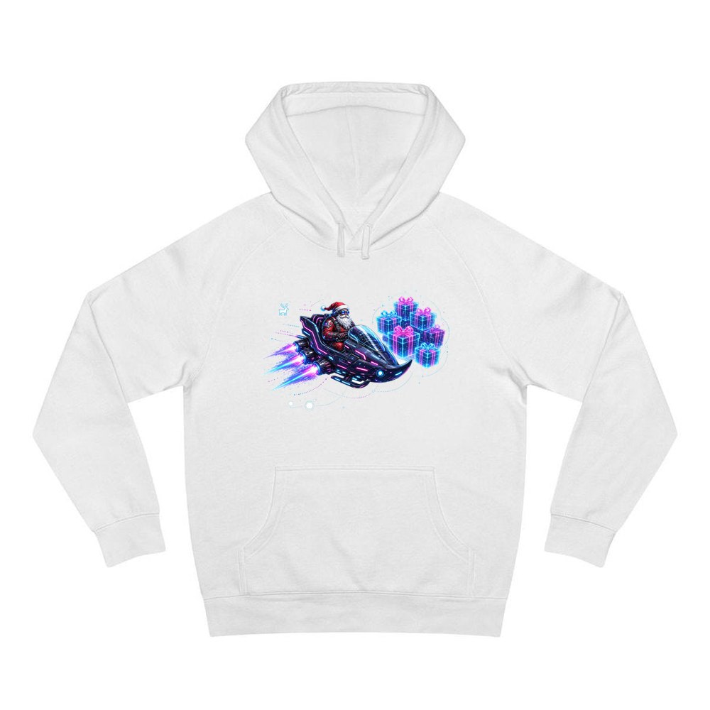 Neon Hover Sleigh Santa personalised Christmas hoodie in white