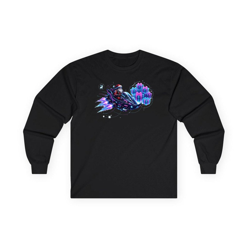 Neon Hover Sleigh Santa personalised long sleeve Christmas T-shirt in black