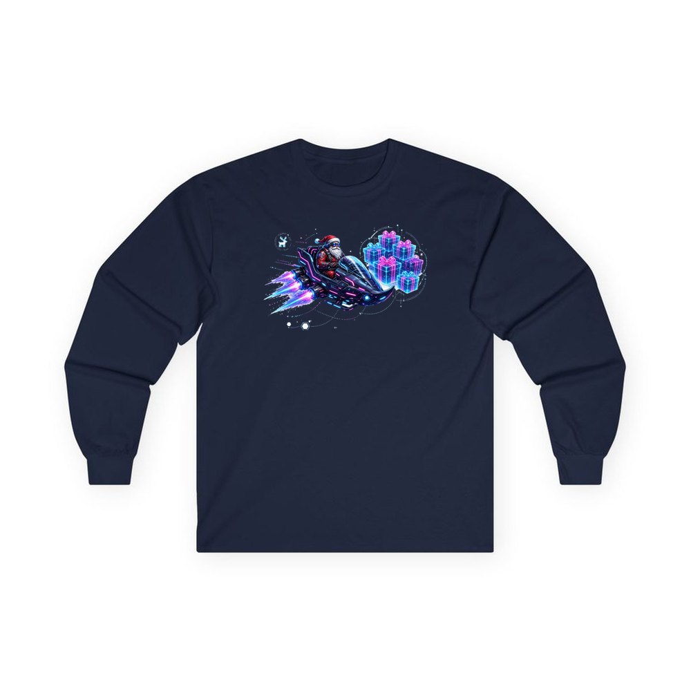 Neon Hover Sleigh Santa personalised long sleeve Christmas T-shirt in navy