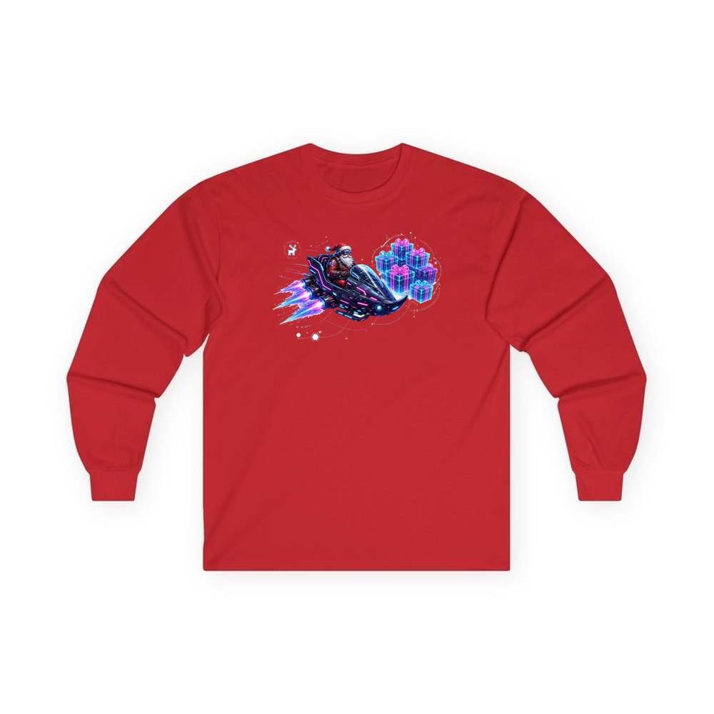 Neon Hover Sleigh Santa personalised long sleeve Christmas T-shirt in red