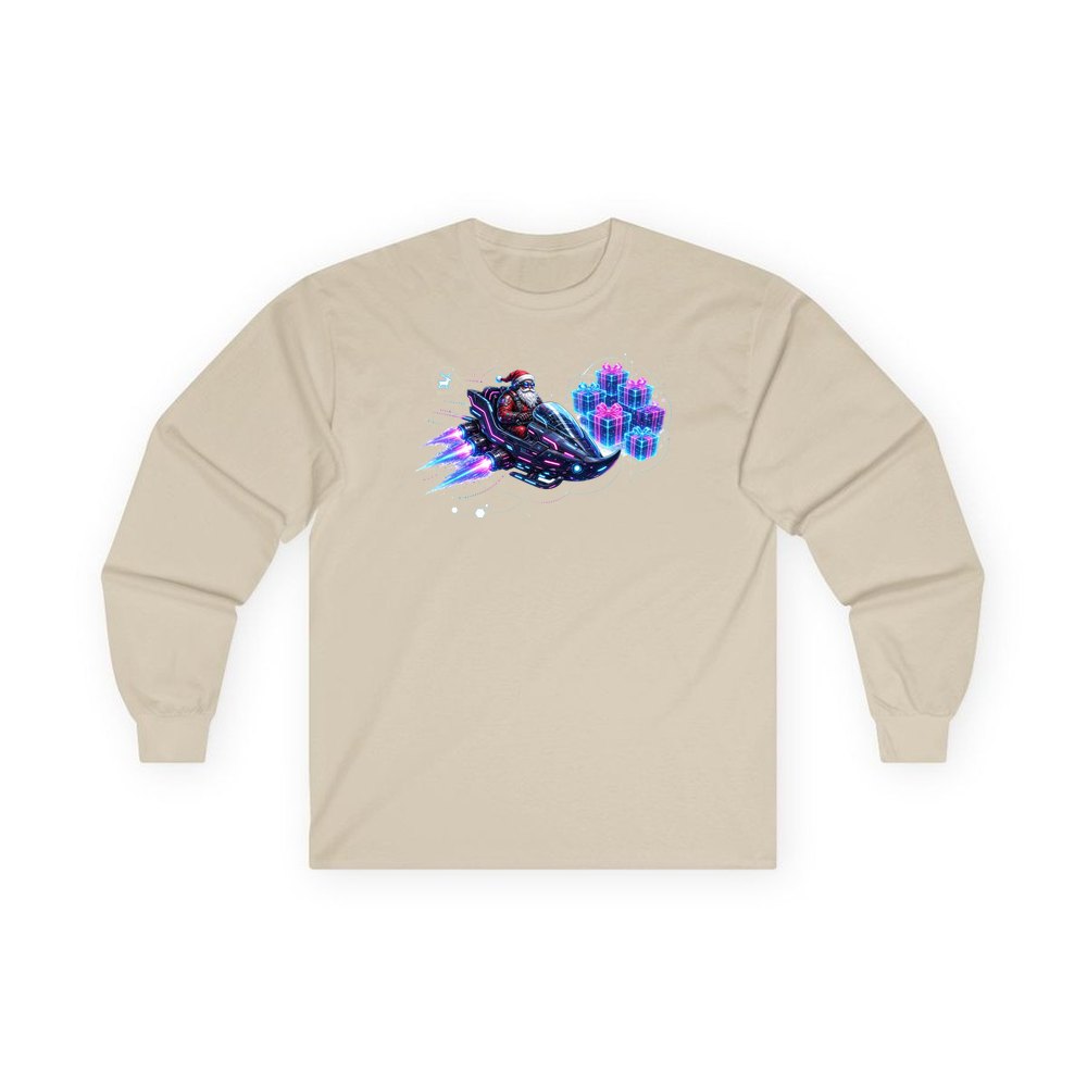 Neon Hover Sleigh Santa personalised long sleeve Christmas T-shirt in sand
