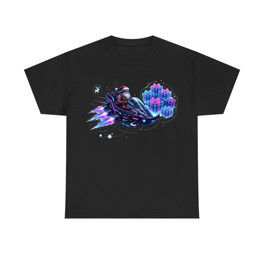 Neon Hover Sleigh Santa personalised Christmas T-shirt in black