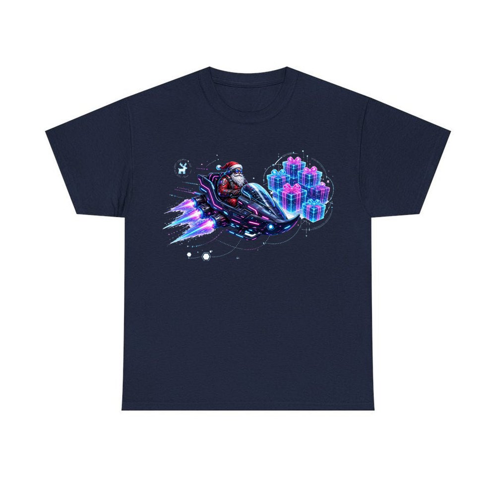 Neon Hover Sleigh Santa personalised Christmas T-shirt in navy