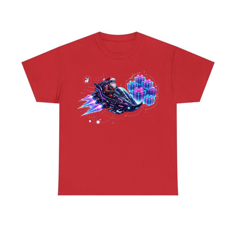 Neon Hover Sleigh Santa personalised Christmas T-shirt in red