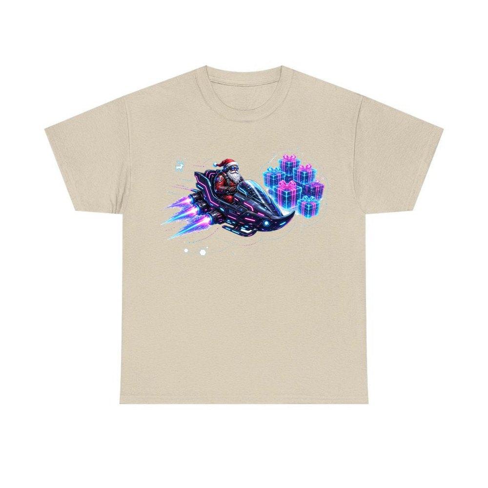 Neon Hover Sleigh Santa personalised Christmas T-shirt in sand