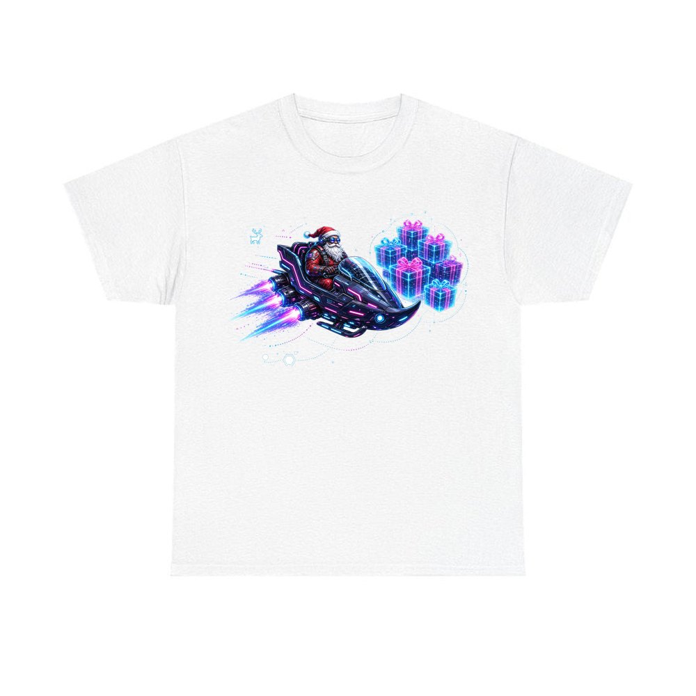 Neon Hover Sleigh Santa personalised Christmas T-shirt in white