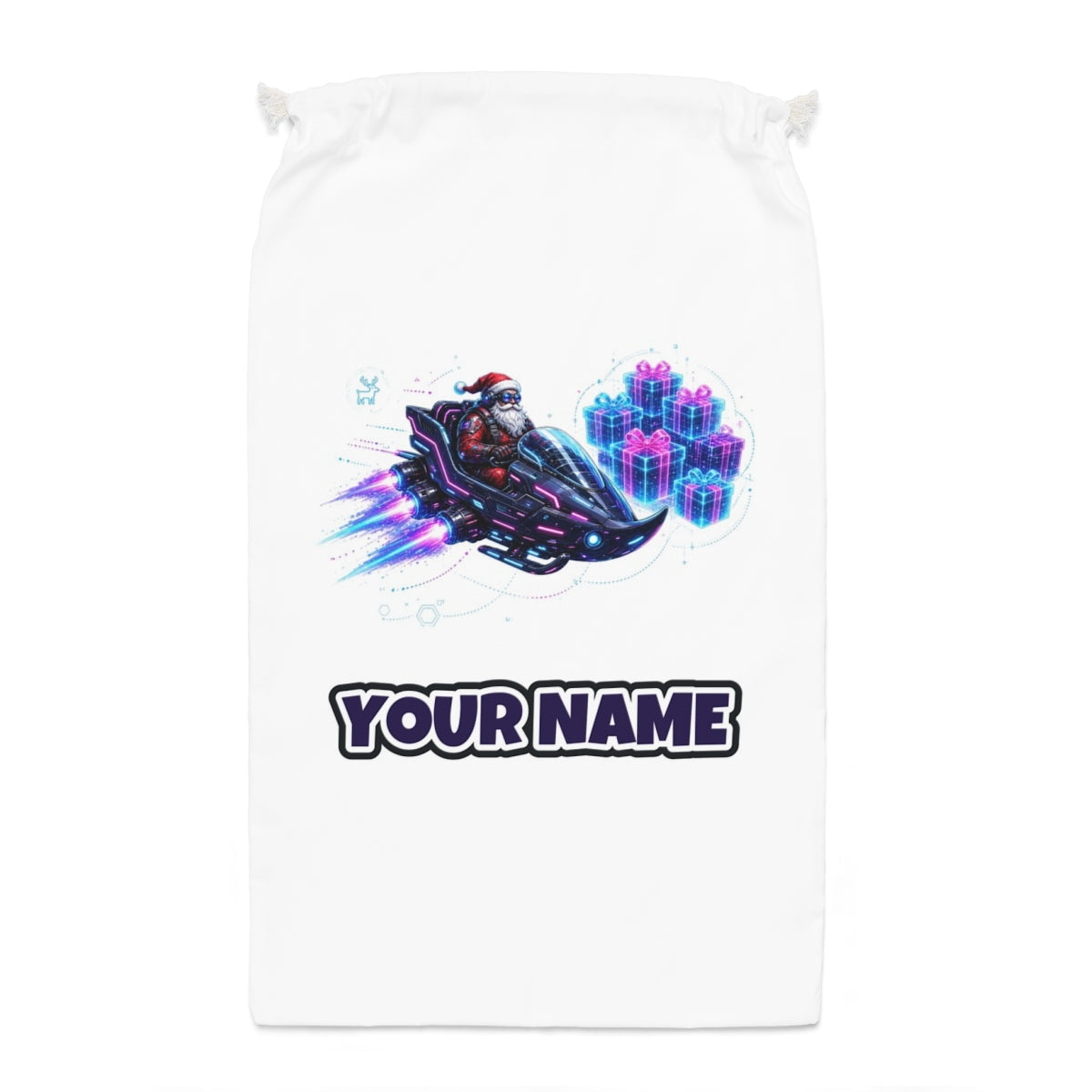 Neon Hover Sleigh Santa Santa sack laid flat, showing the full print