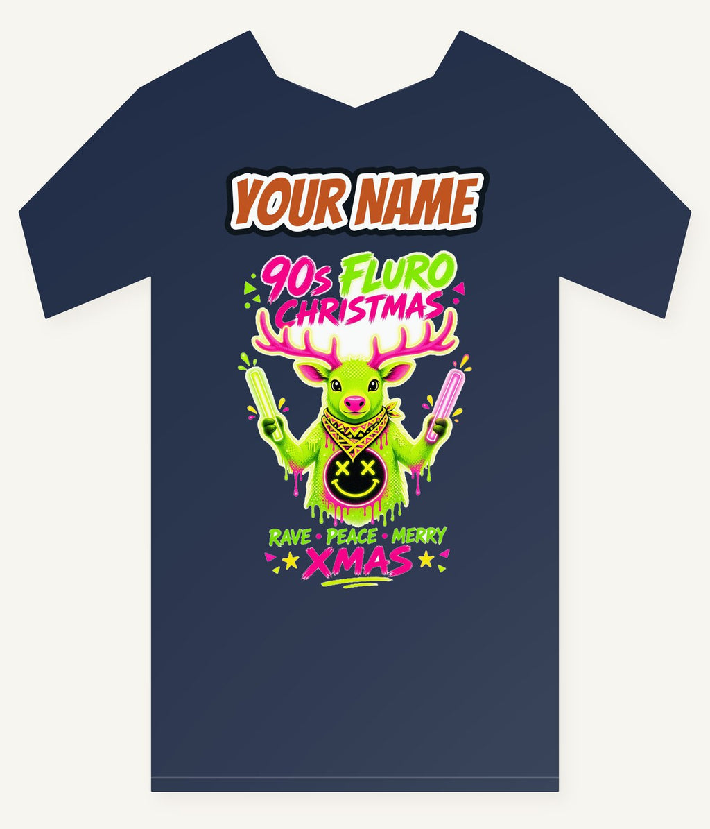 Neon Rave Reindeer Nineties Personalised Kids and Baby Christmas Tee