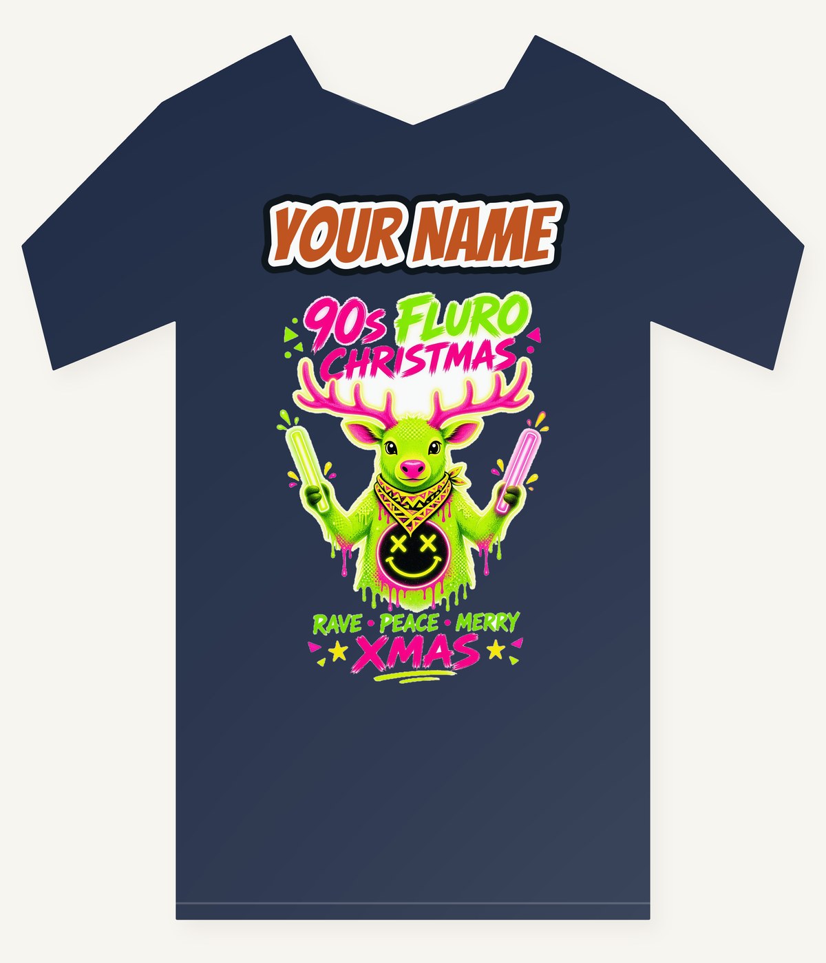 Neon Rave Reindeer Nineties Personalised Kids and Baby Christmas Tee