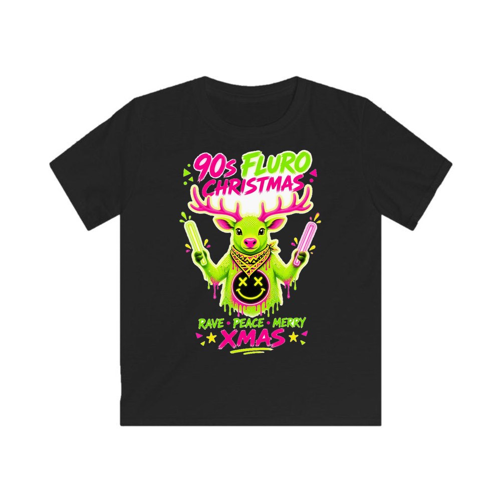 Neon Rave Reindeer Nineties personalised kids Christmas tee in black