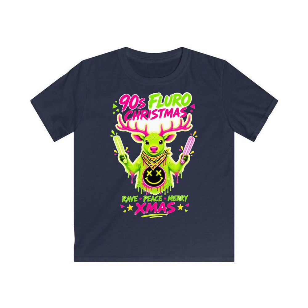 Neon Rave Reindeer Nineties personalised kids Christmas tee in navy