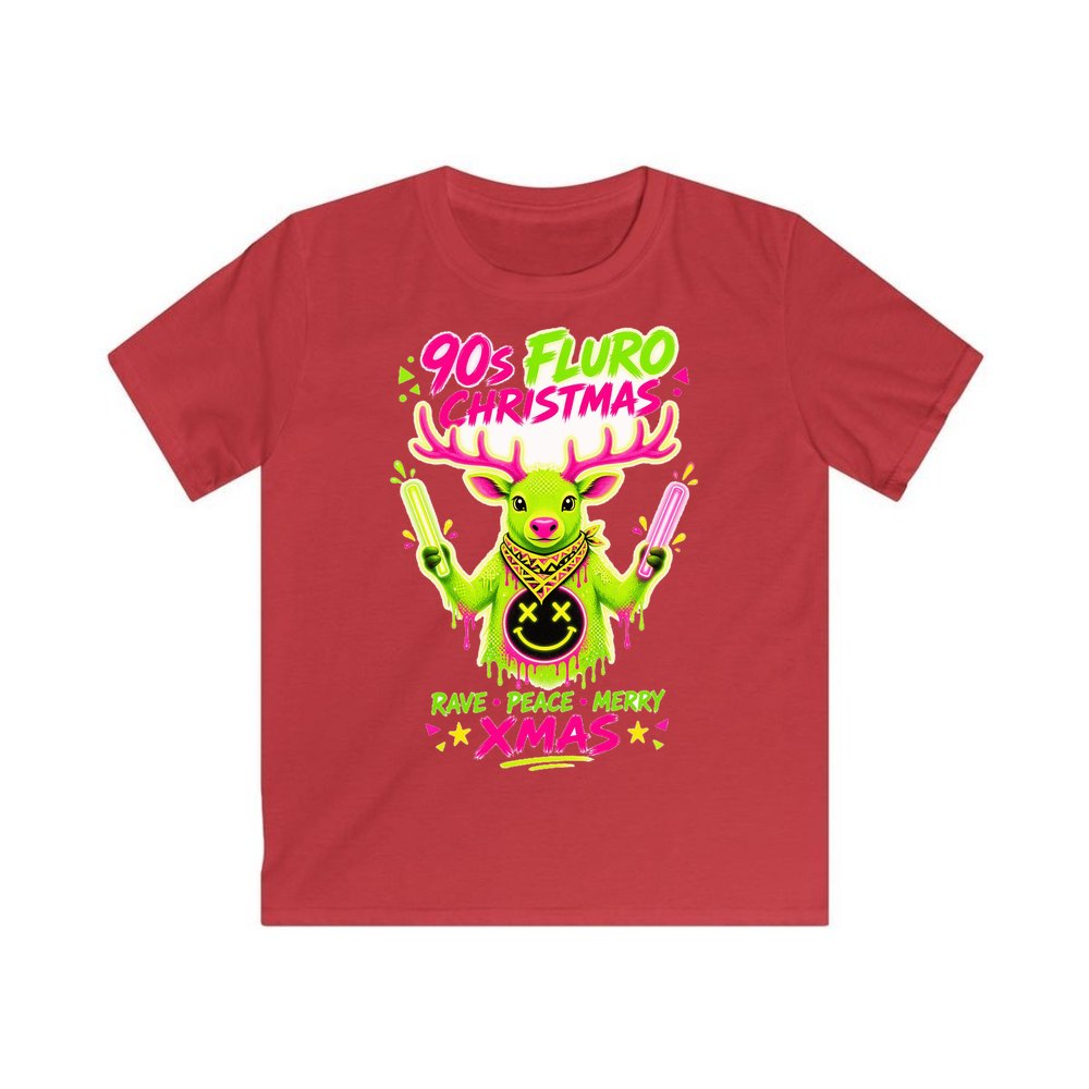 Neon Rave Reindeer Nineties personalised kids Christmas tee in red