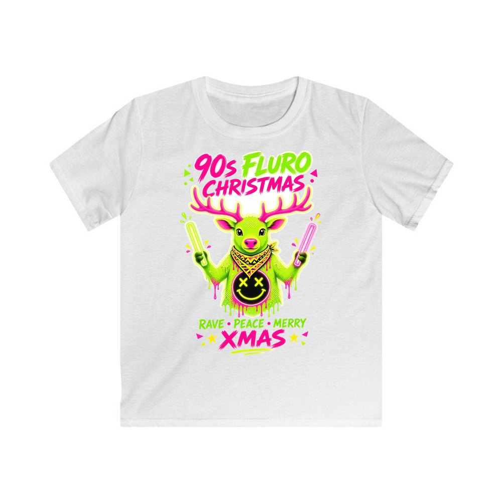 Neon Rave Reindeer Nineties personalised kids Christmas tee in white