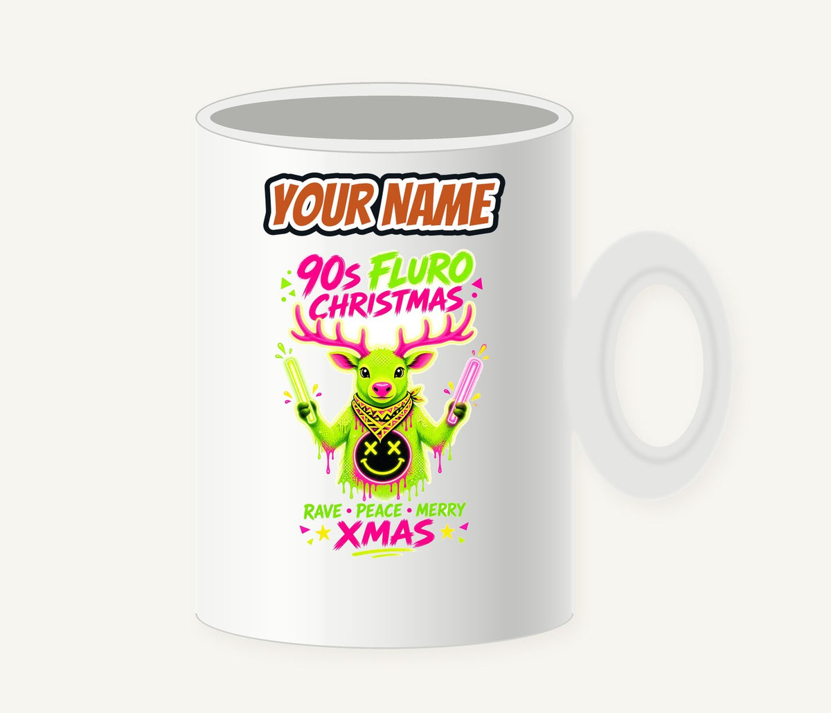 Neon Rave Reindeer Nineties Personalised Christmas Mug