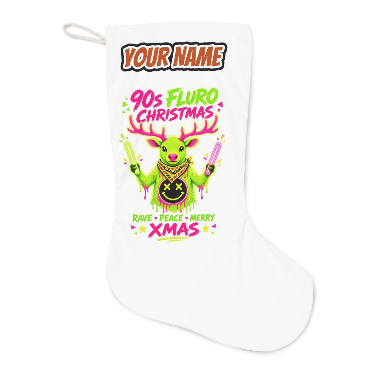Neon Rave Reindeer Nineties Christmas stocking laid flat, showing the full print