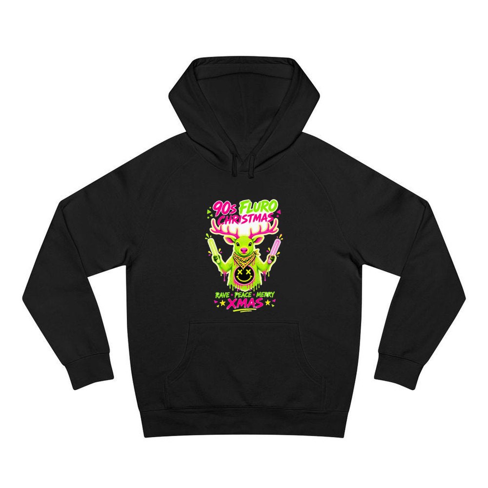 Neon Rave Reindeer Nineties personalised Christmas hoodie in black