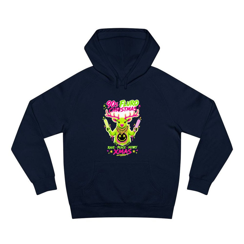Neon Rave Reindeer Nineties personalised Christmas hoodie in navy