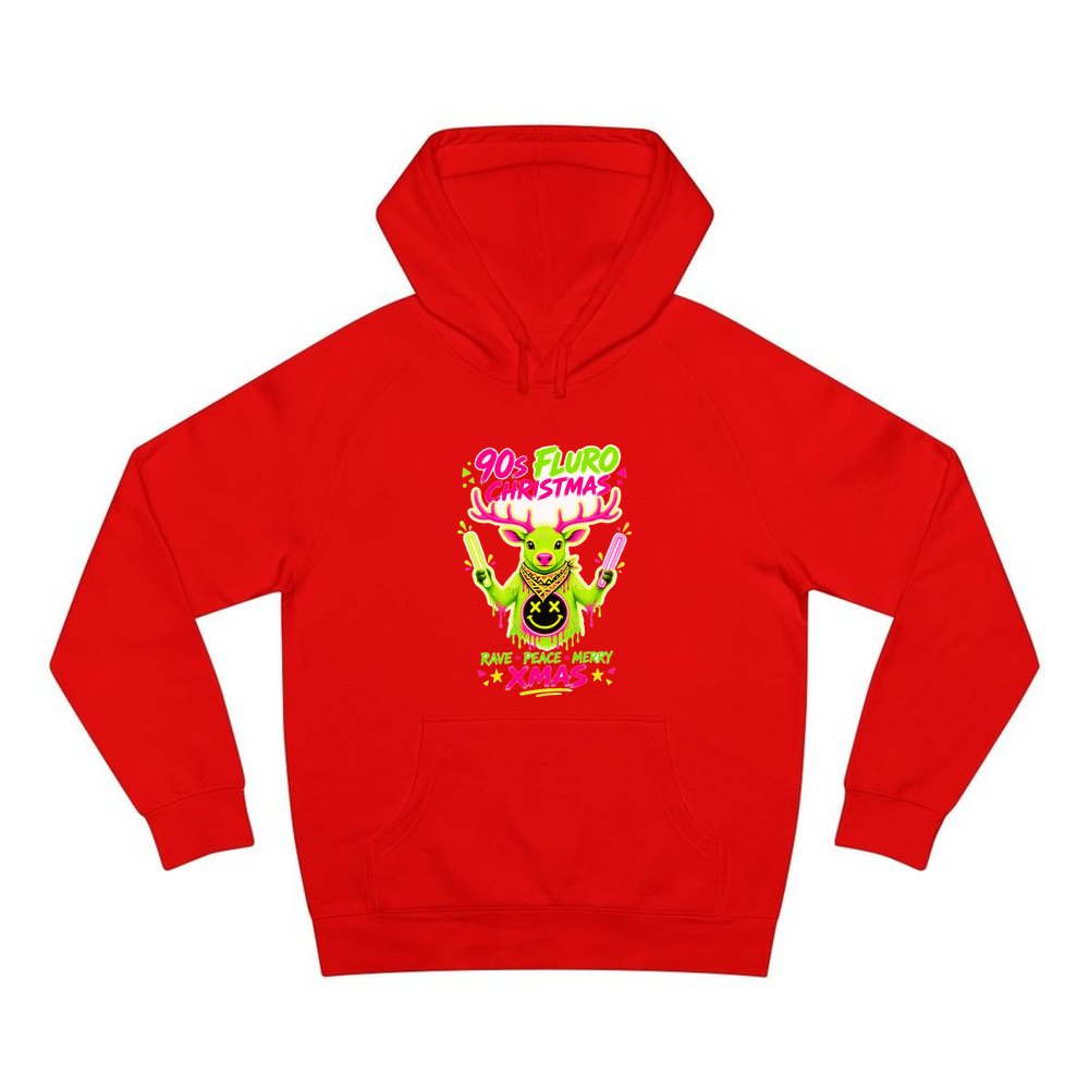 Neon Rave Reindeer Nineties personalised Christmas hoodie in red