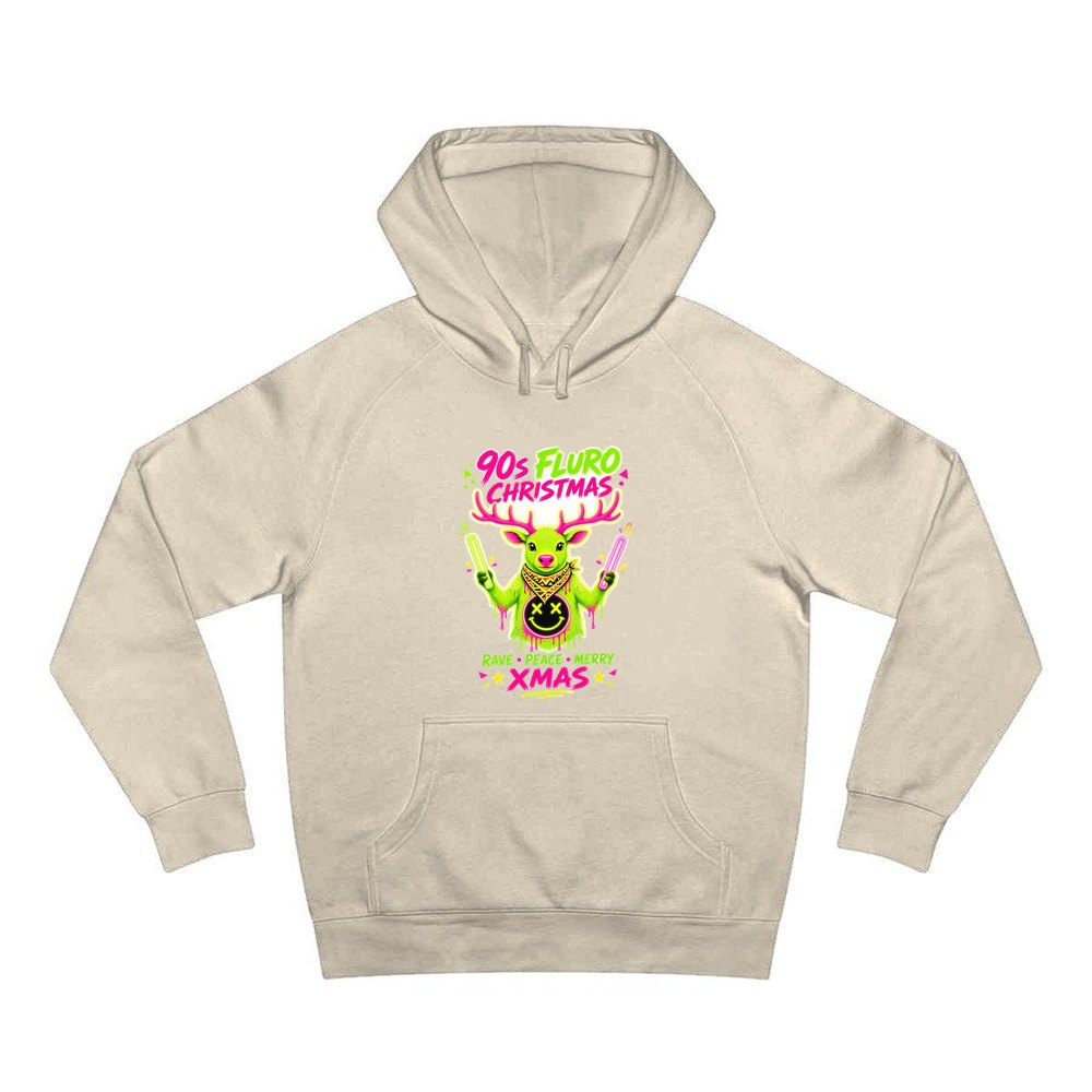Neon Rave Reindeer Nineties personalised Christmas hoodie in sand