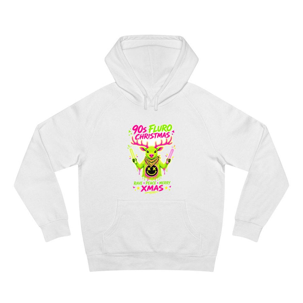 Neon Rave Reindeer Nineties personalised Christmas hoodie in white