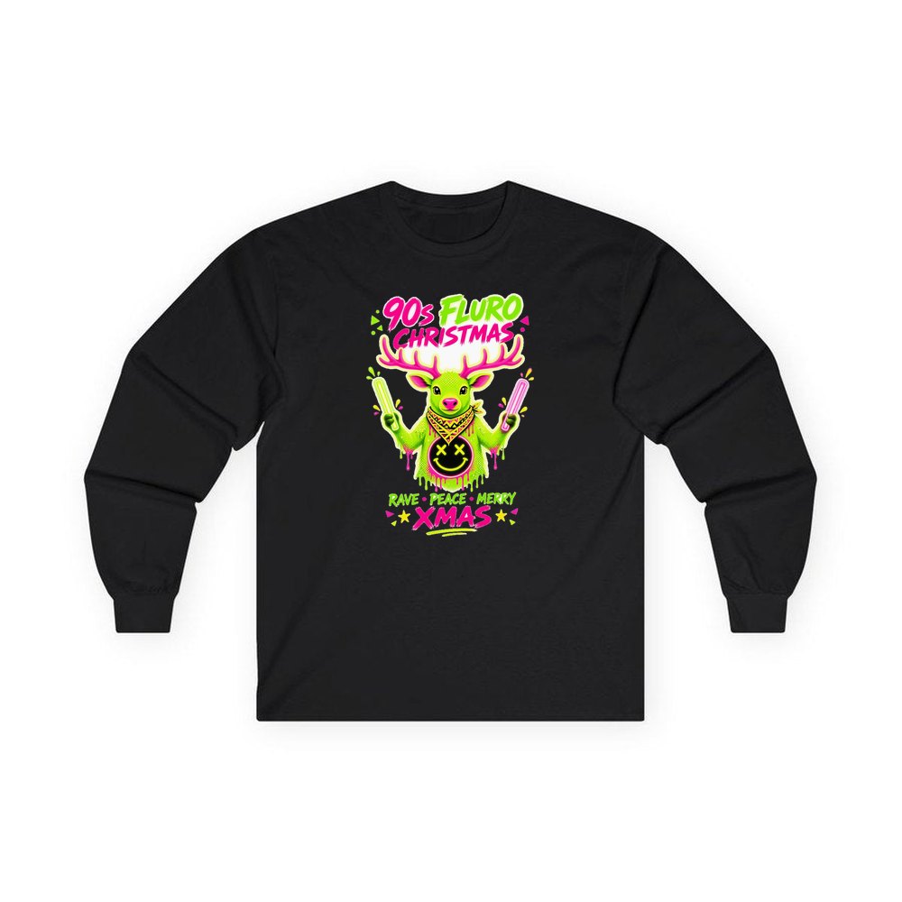 Neon Rave Reindeer Nineties personalised long sleeve Christmas T-shirt in black