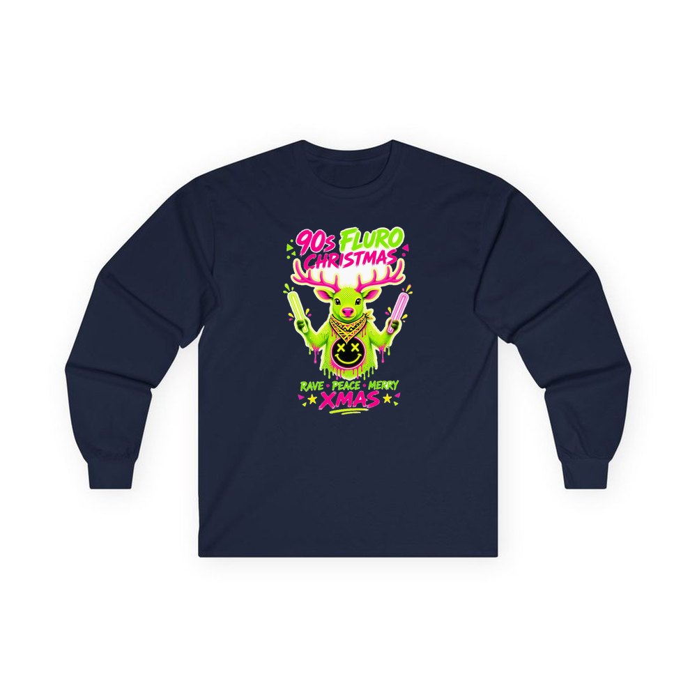 Neon Rave Reindeer Nineties personalised long sleeve Christmas T-shirt in navy