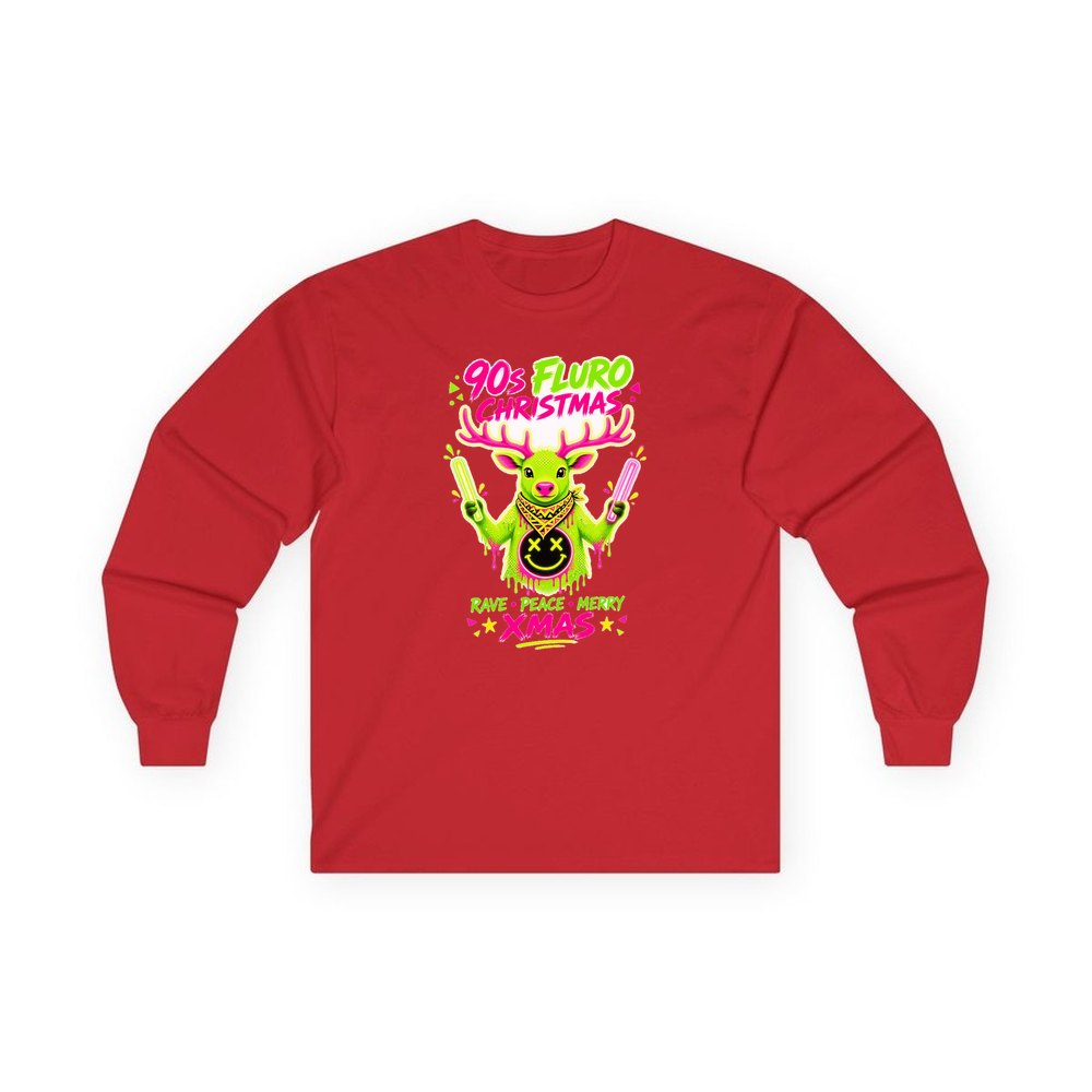 Neon Rave Reindeer Nineties personalised long sleeve Christmas T-shirt in red