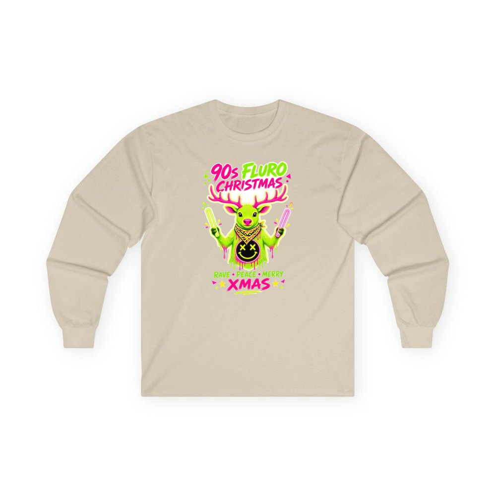 Neon Rave Reindeer Nineties personalised long sleeve Christmas T-shirt in sand