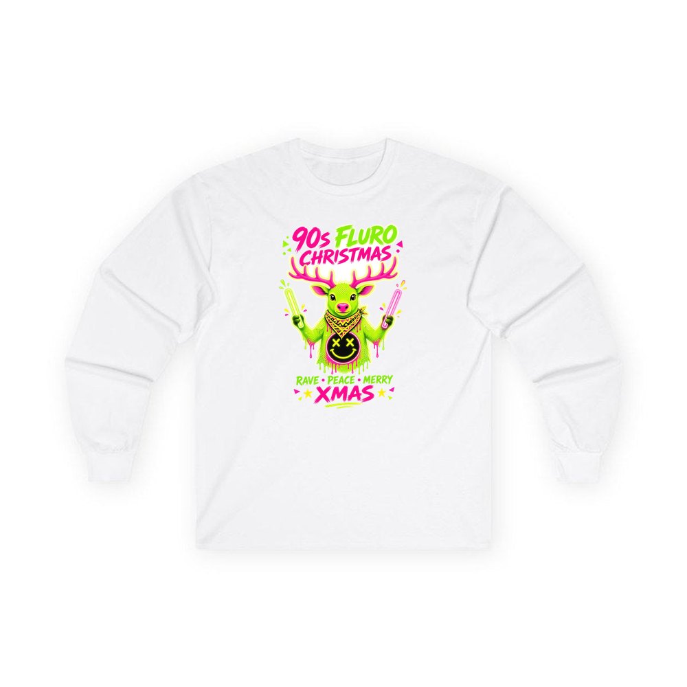 Neon Rave Reindeer Nineties personalised long sleeve Christmas T-shirt in white