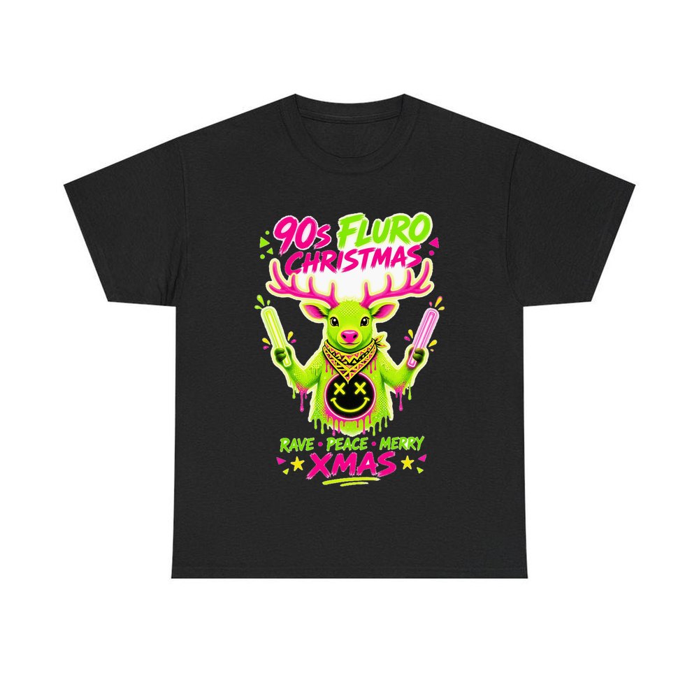 Neon Rave Reindeer Nineties personalised Christmas T-shirt in black