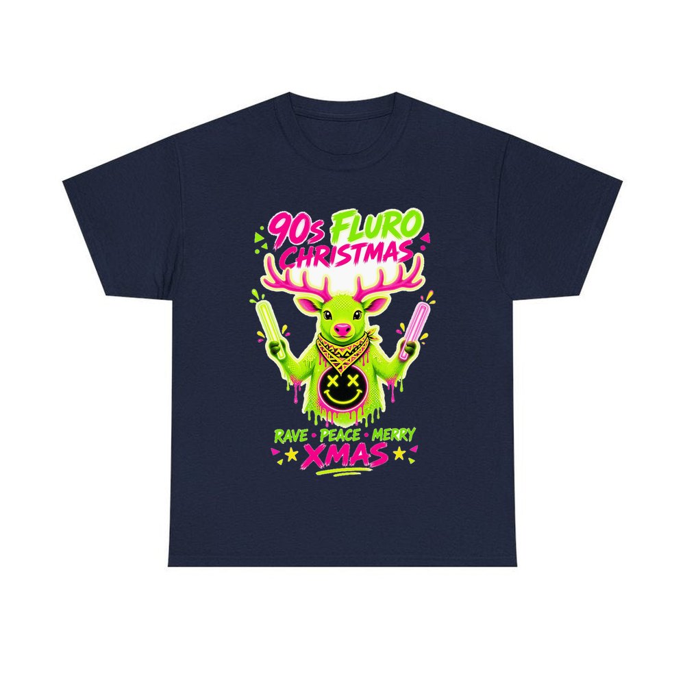 Neon Rave Reindeer Nineties personalised Christmas T-shirt in navy