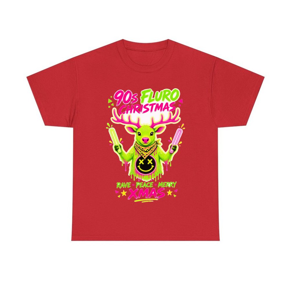 Neon Rave Reindeer Nineties personalised Christmas T-shirt in red