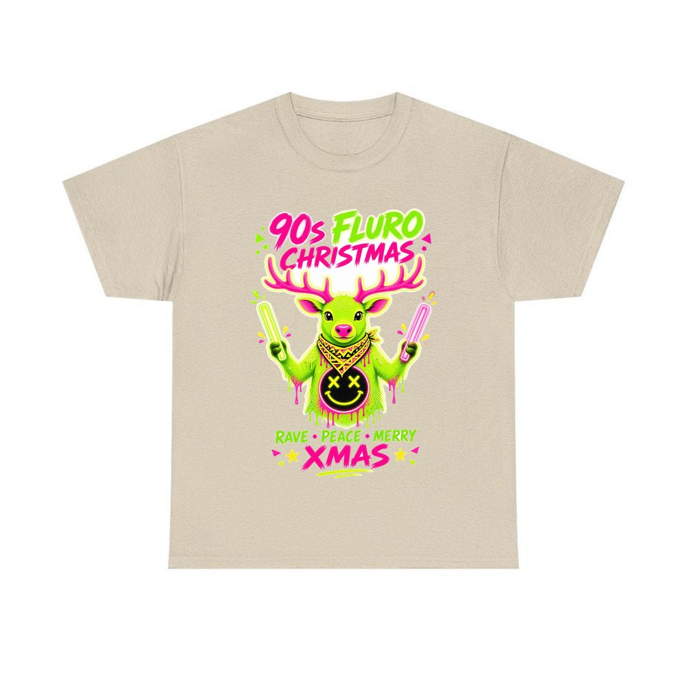 Neon Rave Reindeer Nineties personalised Christmas T-shirt in sand