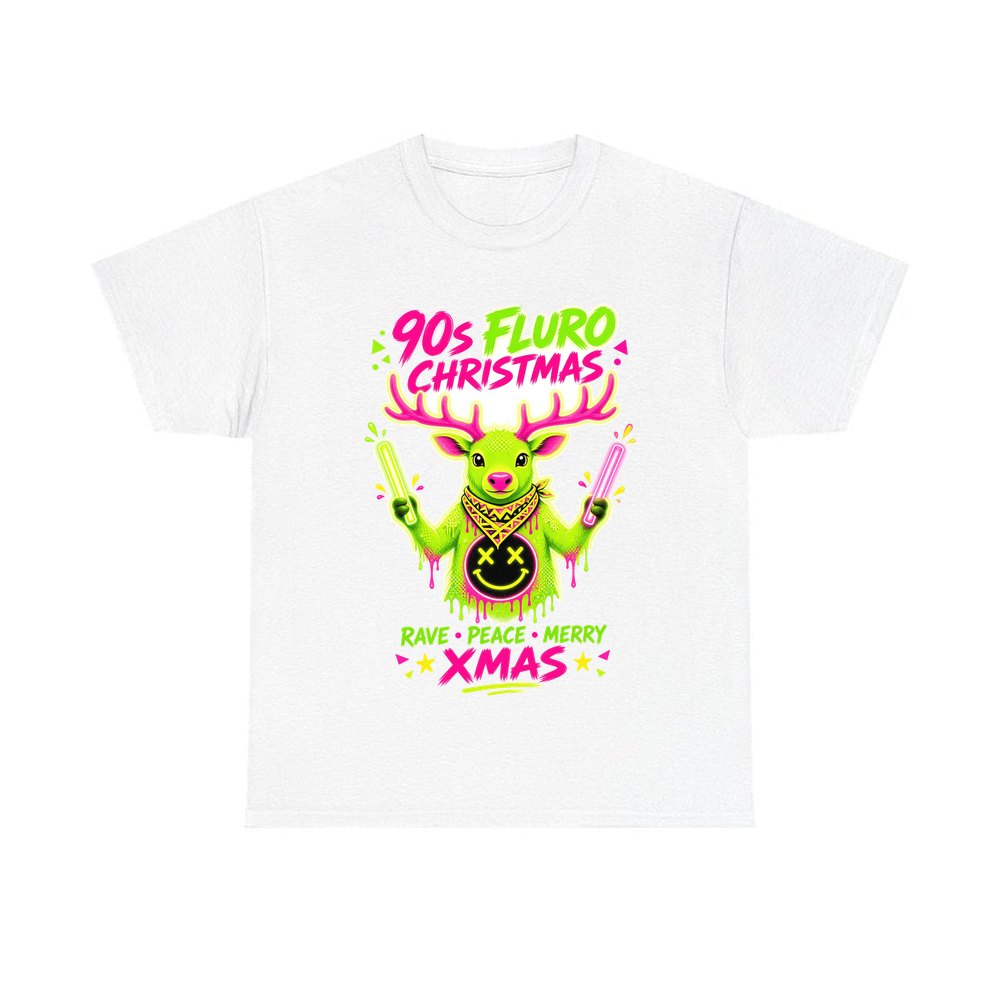 Neon Rave Reindeer Nineties personalised Christmas T-shirt in white