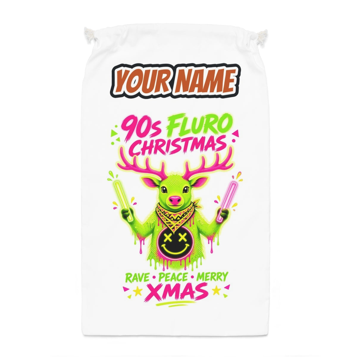 Neon Rave Reindeer Nineties Santa sack laid flat, showing the full print